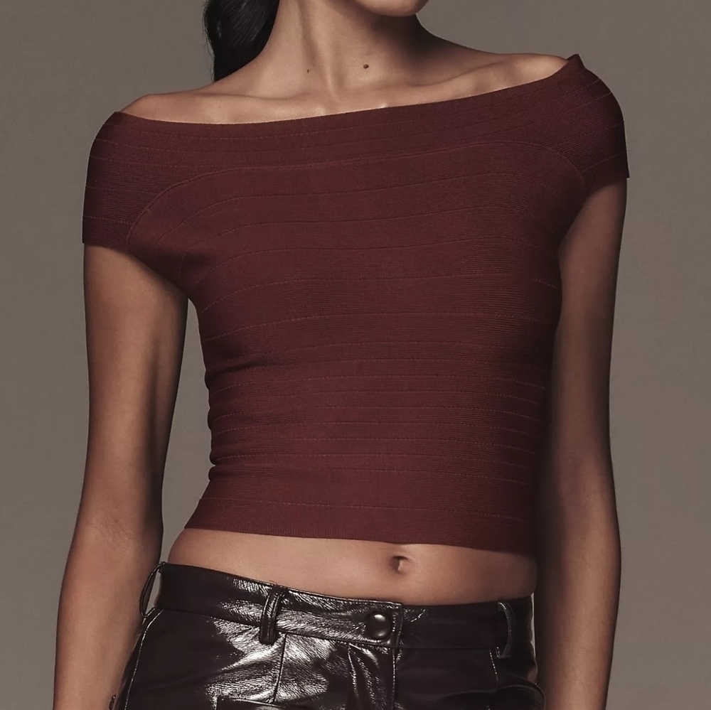 NWT Anthropologie Off-The-Shoulder Bandage Cropped Sweater Burgundy Dark Wine 2X